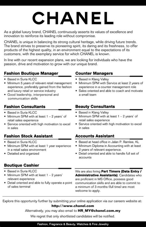 chanel boston career|chanel job description.